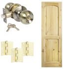 Combo Puerta pino 2 tableros curvo 75 x 210cm + chapa con llave bronce + bisagras dorado brillante 