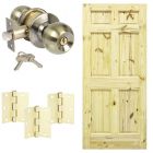 Combo puerta pino 6 tableros 80x210cm + Chapa con llave bronce antiguo + bisagras dorado brillante