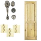 Combo puerta de pino 2 tableros curvo, 65 x 210cm + chapa principal bronce antiguo + bisagras doradas