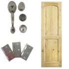 Combo puerta de pino 2 tableros curvo, 80 x 210cm + chapa principal bronce antiguo + bisagras galvanizadas