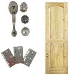 Combo puerta de pino 2 tableros curvo, 65 x 210cm + chapa principal bronce antiguo + bisagras galvanizadas