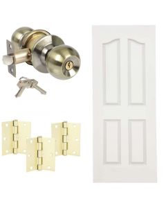 Combo de puerta carmel 85 x 207cm 4 tableros + chapa con llave bronce antiguo + bisagras dorado brillante