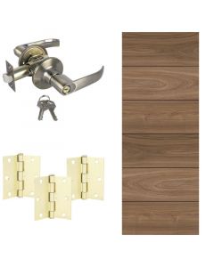 Combo puerta entamborada de melamina 60 cm + chapa tipo manija con llave bronce antiguo + Bisagras dorado brillante 3x3