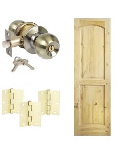 Combo Puerta pino 2 tableros curvo 65 x 210cm + chapa con llave bronce + bisagras dorado brillante 