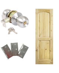 Combo puerta de pino 2 tableros curvo, 90 x 210cm + chapa con llave satin + bisagras galvanizadas