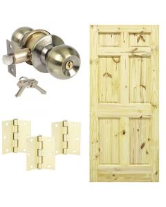 Combo puerta pino 6 tableros 65x210cm + Chapa con llave bronce antiguo + bisagras dorado brillante