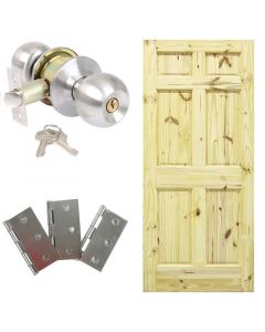 Combo puerta pino 6 tableros 90x210cm + Chapa con llave acero inoxidable + bisagras galvanizada