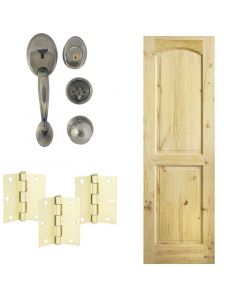 Combo puerta de pino 2 tableros curvo, 75 x 210cm + chapa principal bronce antiguo + bisagras doradas