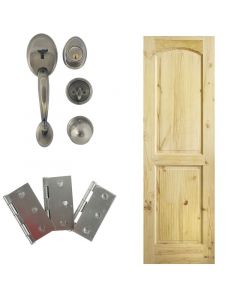 Combo puerta de pino 2 tableros curvo, 65 x 210cm + chapa principal bronce antiguo + bisagras galvanizadas