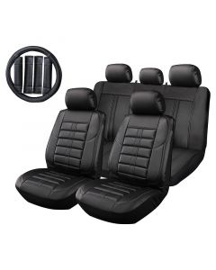 KIT CUBREASIENTOS DE LUJO OPULENCE ULTRA LUX NEGRO 14 PZAS INCLUYE CUBREVOLANTE Y ALMOHADILLAS MAJIC