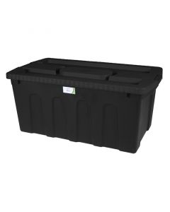 Caja plástica, 125 litros, uso pesado, 39 x 50 x 92cm, negra, tapa azul