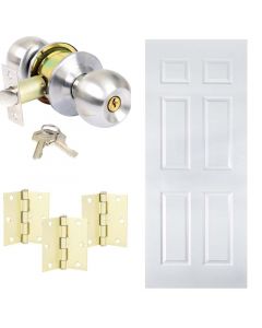 Combo puerta colonial, 0.90 x 207cm, + pomo con llave satin + bisagras doradas