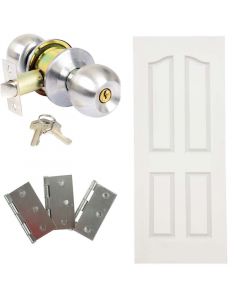 Combo de puerta carmel 85 x 207cm 4 tableros + chapa con llave satin + bisagras galvanizadas