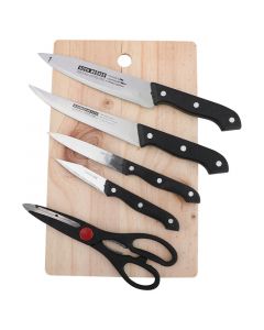 Set de cuchillos + tijera + tabla de picar de madera, 6 piezas