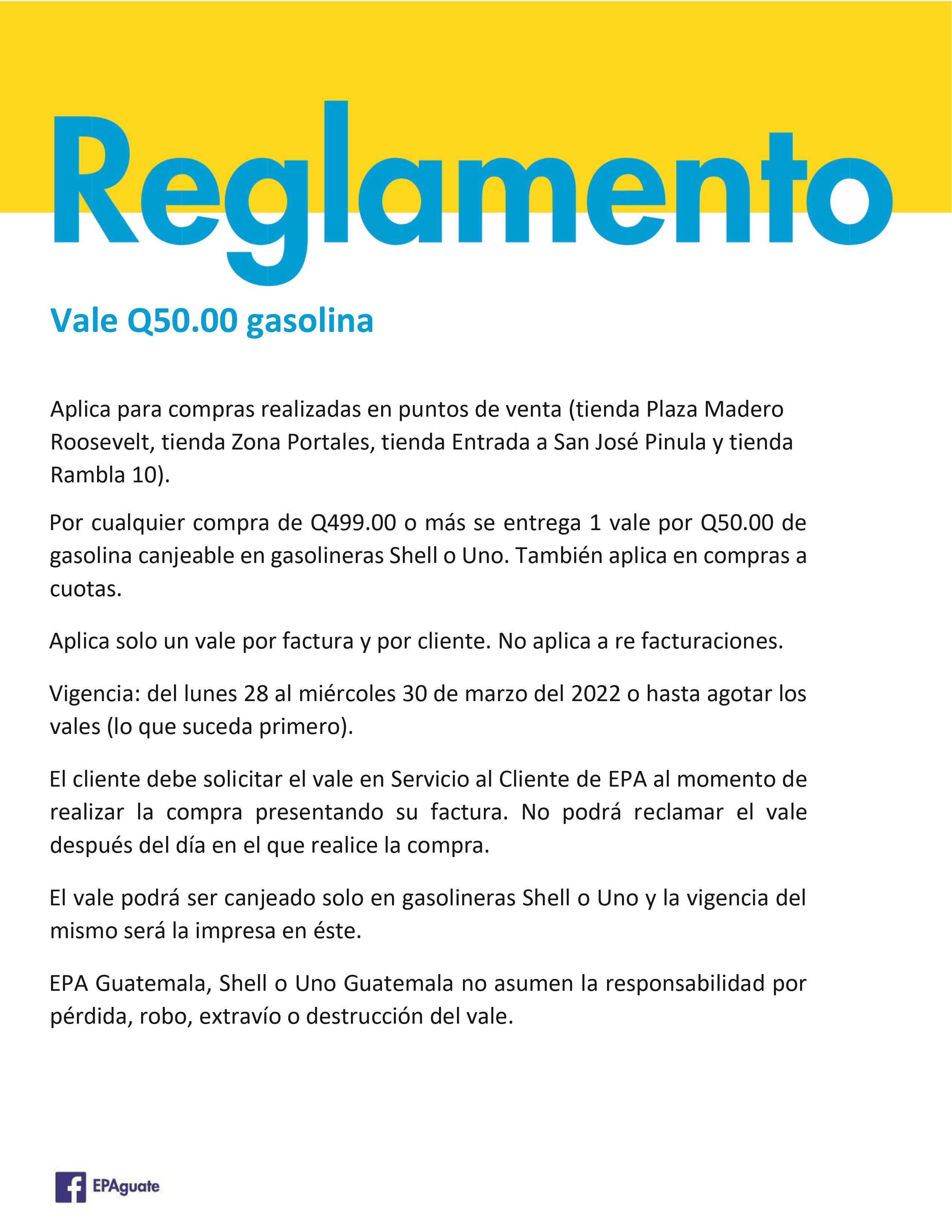 Vale de gasolina Q50 por compras de Q499 en adelante