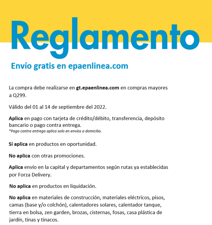 Envío gratis en compras mayores a Q299 en epaenlinea.com