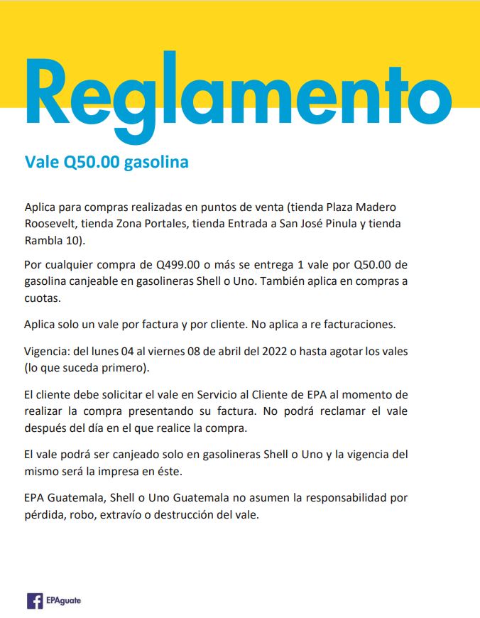 Vale de gasolina de Q50 por compras de Q499 en adelante